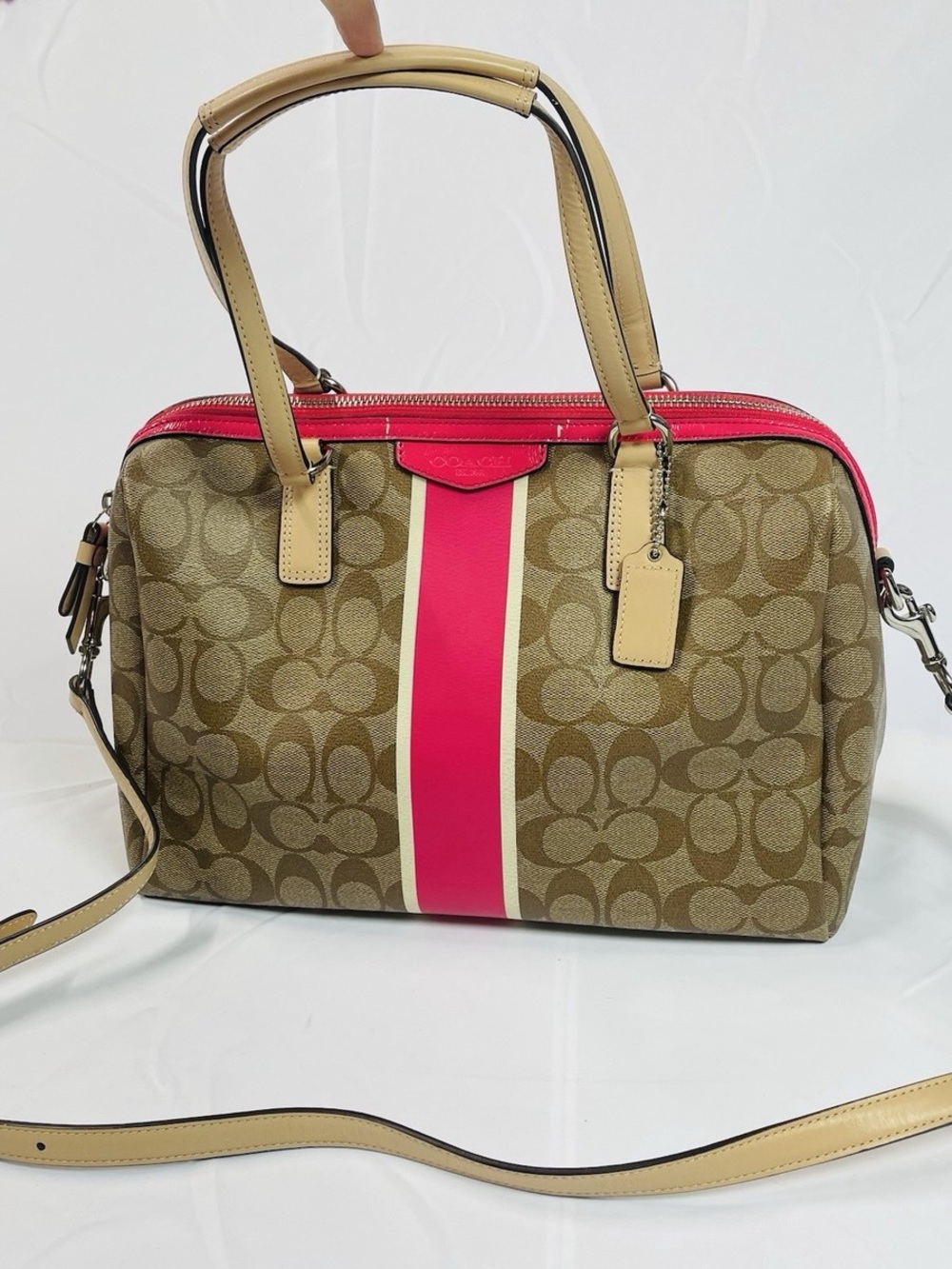 Fair condition Coach Brown Signature Canvas Satchel with Pink Stripe and Tan - Picture 2 of 15